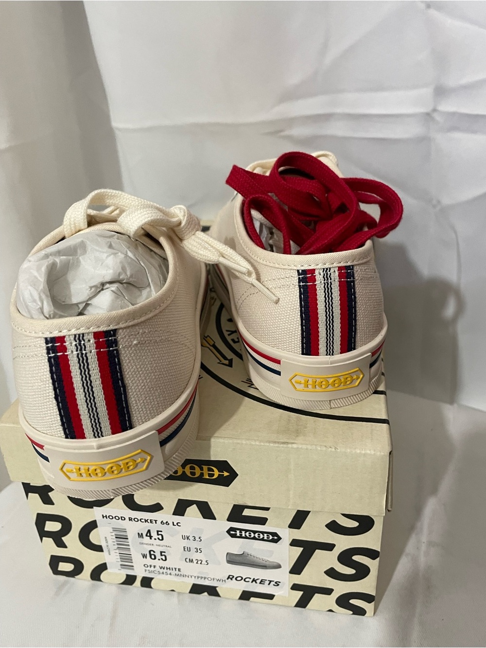 Rocket Off-White Canvas Low-Top Sneakers with Red & Navy Stripe